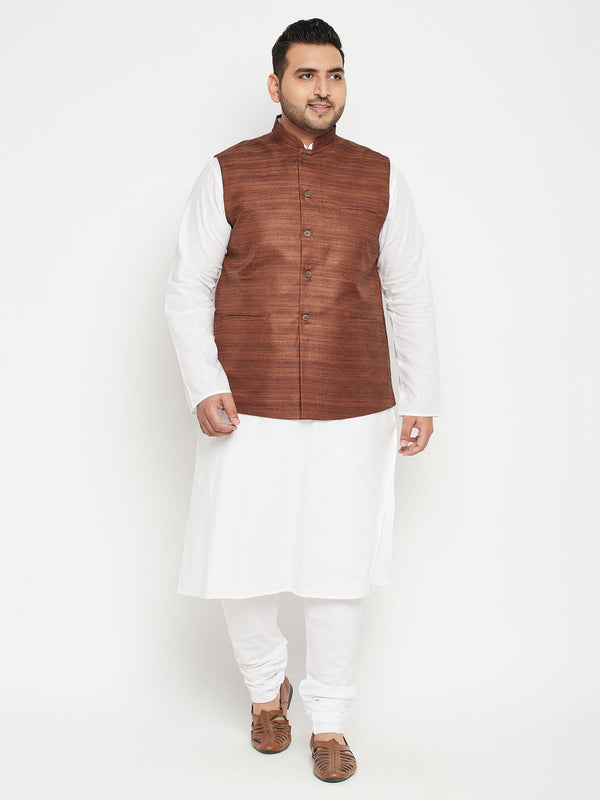 Jashvi Men's Plus Size White and Coffee Brown Cotton Blend Jacket Kurta Pyjama Set