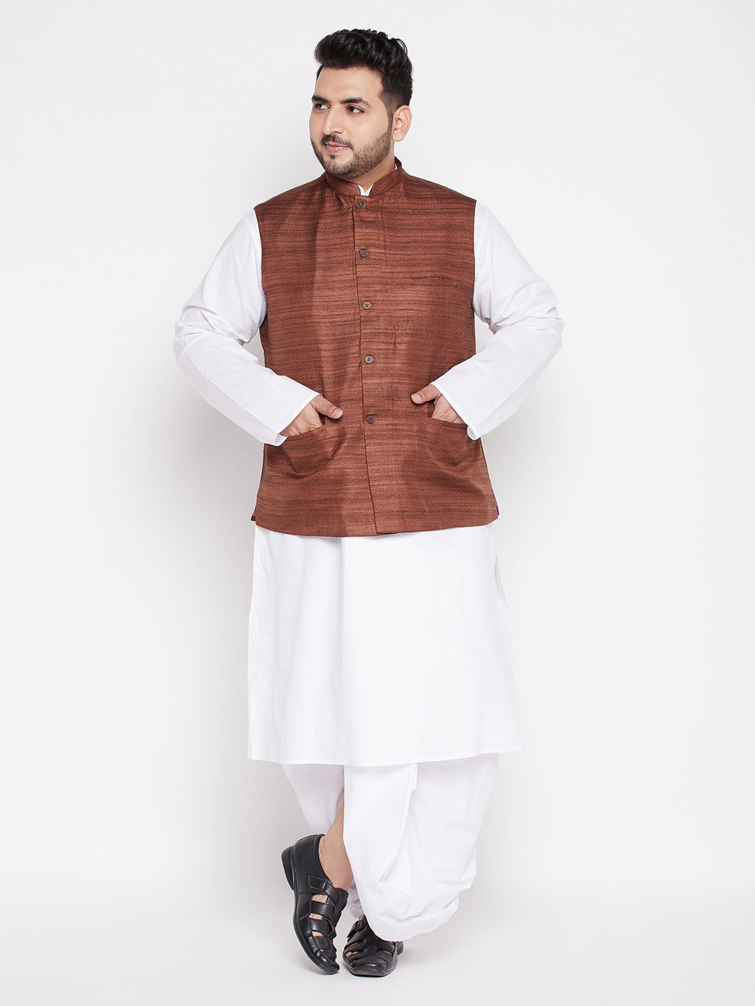 Men's Plus Coffee And White Cotton Blend Jacket, Kurta And Dhoti Set - Vastramay