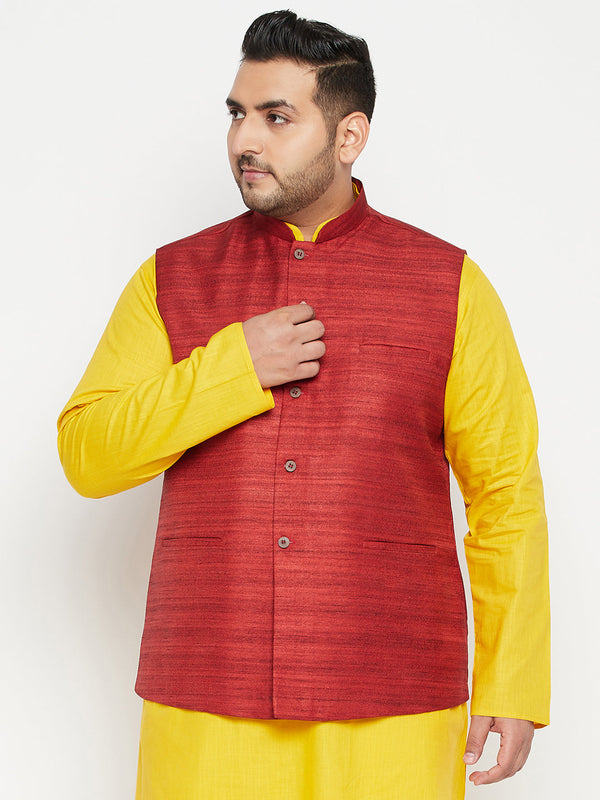 Jashvi Men's Plus Size Maroon Color Matka Silk Textured Nehru Jacket