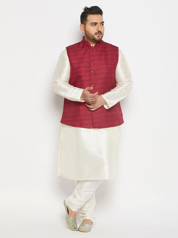 Jashvi Men's Plus Size Maroon Matka Silk Nehru Jacket With Cream Silk Blend Kurta and Pant style Pyjama Set