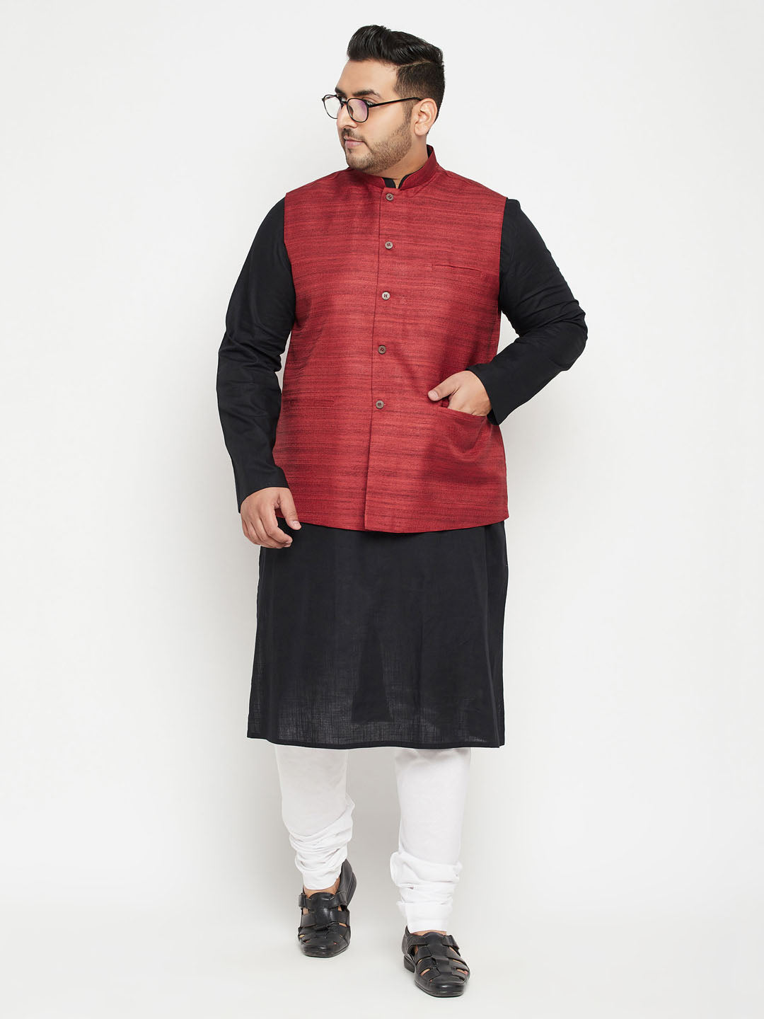 Men's Plus Black, Maroon And White Cotton Blend Jacket Kurta Pyjama Set - Vastramay