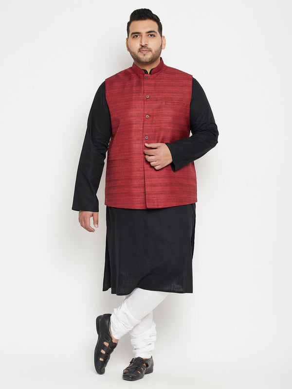 Jashvi Men's Plus Size Black, Maroon Cotton Blend Jacket Kurta Pyjama Set