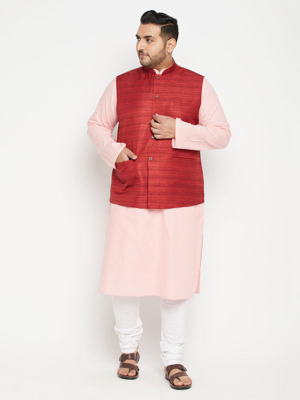 Jashvi Men's Plus Size Pink and Maroon Cotton Blend Jacket Kurta Pyjama Set