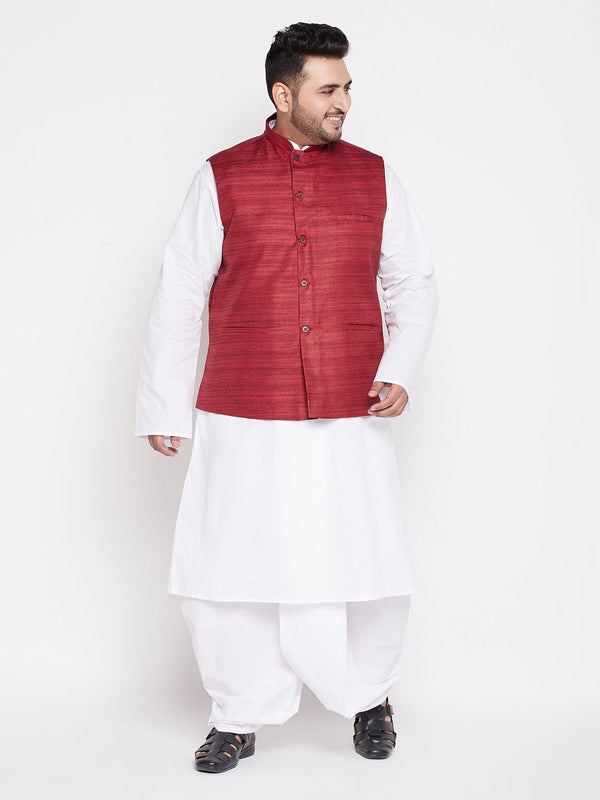 Jashvi Men's Plus Size Maroon Cotton Blend Jacket With White Kurta And Dhoti Set