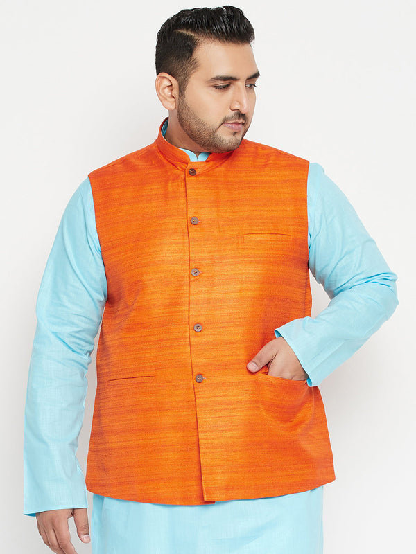 Jashvi Men's Plus Size Orange Matka Silk Textured Nehru Jacket