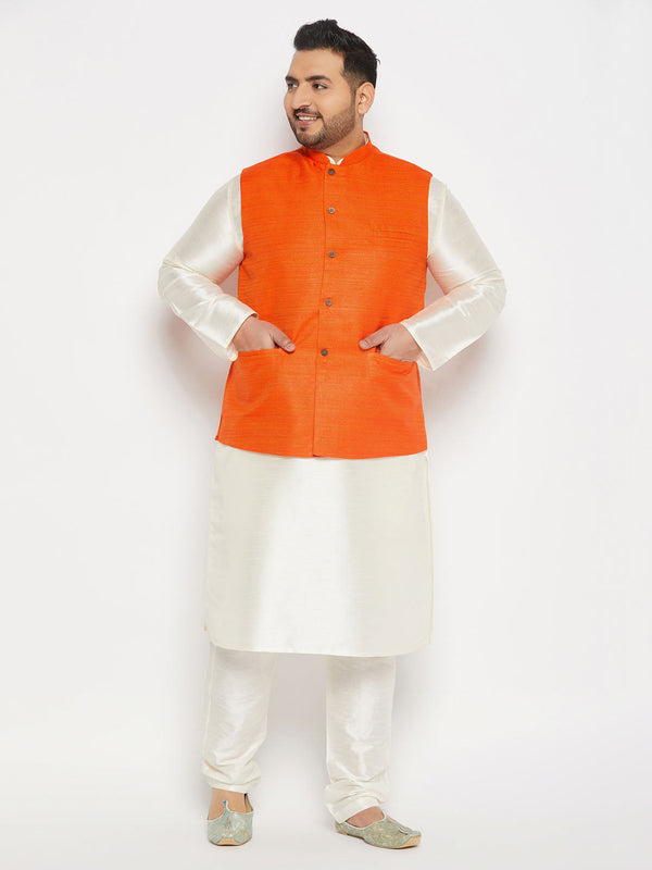 Jashvi Men's Plus Size Orange Matka Silk Nehru Jacket With Cream Silk Blend Kurta and Pant style Pyjama Set