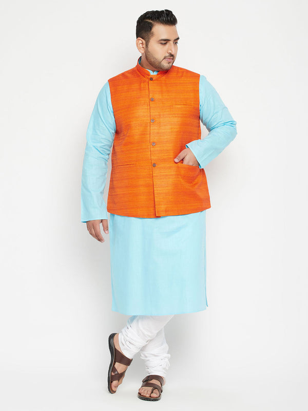 Jashvi Plus Size Men's Aqua Blue Kurta And White Pyjama With Nehru Jacket Set