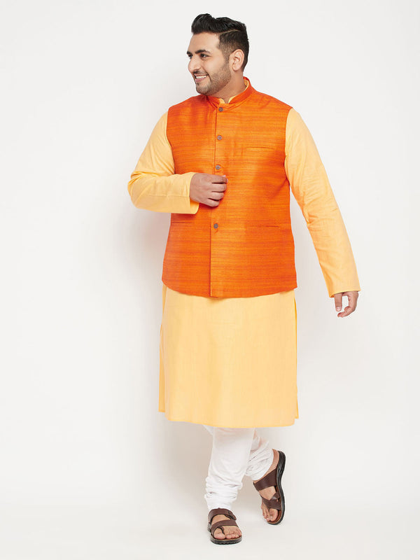 Jashvi Men's Plus Size Fawn and Orange Cotton Blend Jacket Kurta Pyjama Set