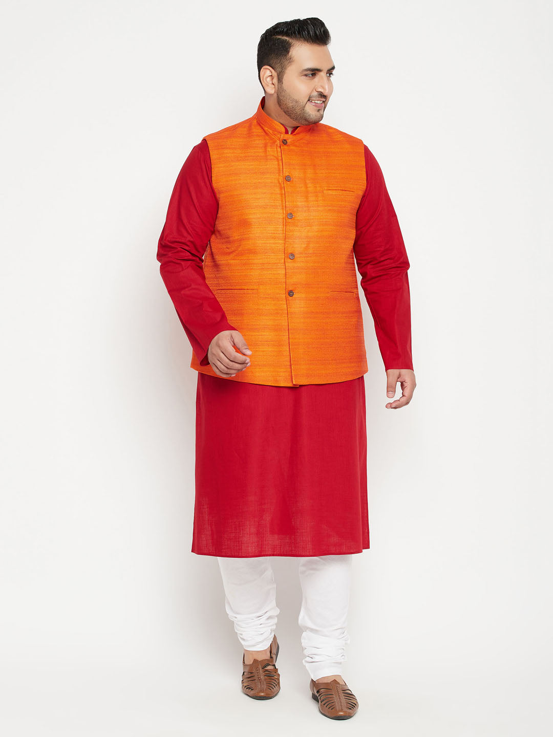 Men's Plus Maroon, Orange And White Cotton Blend Jacket Kurta Pyjama Set - Vastramay