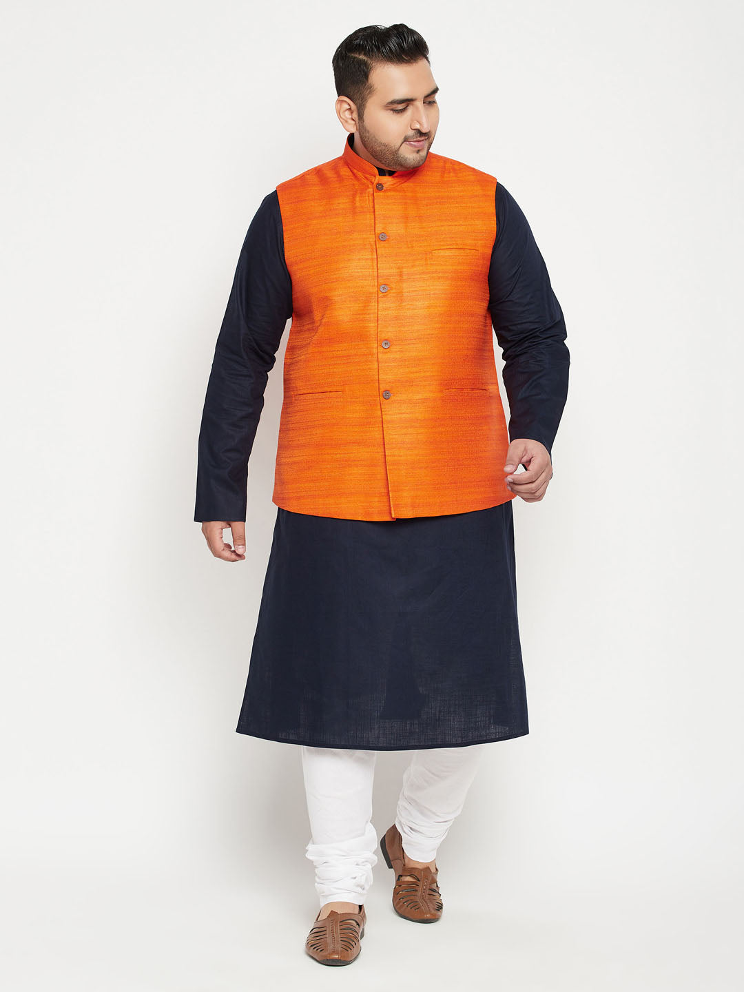 Men's Plus Navy Blue, Orange And White Cotton Blend Jacket Kurta Pyjama Set - Vastramay