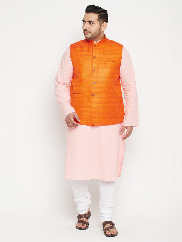 Jashvi PLUS Men's Pink Kurta And White Pyjama With Orange Nehru Jacket Set