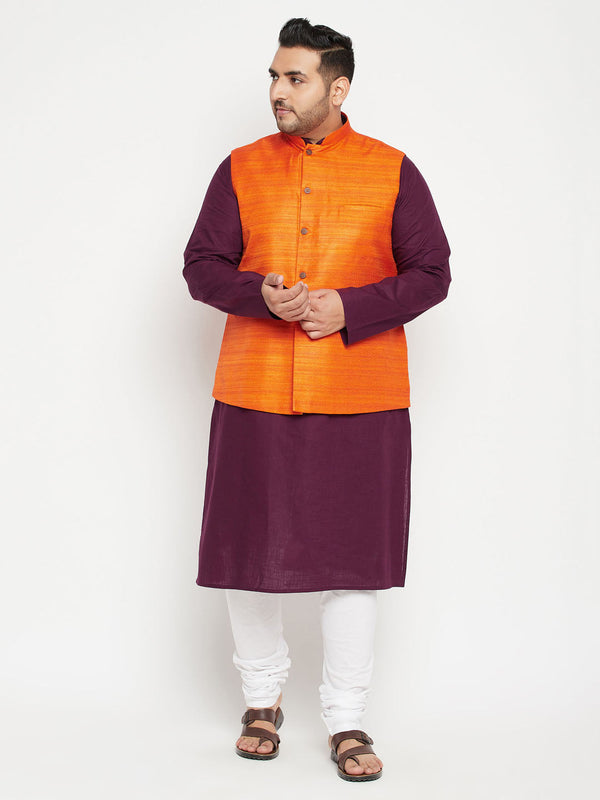 Jashvi Men's Plus Size Purple and Orange Cotton Blend Jacket Kurta Pyjama Set