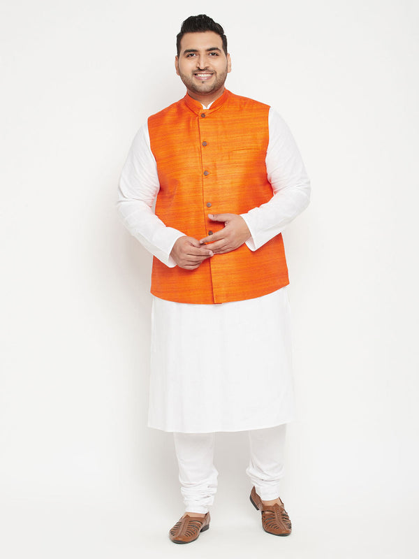 Jashvi Men's Plus Size White and Orange Cotton Blend Jacket Kurta Pyjama Set