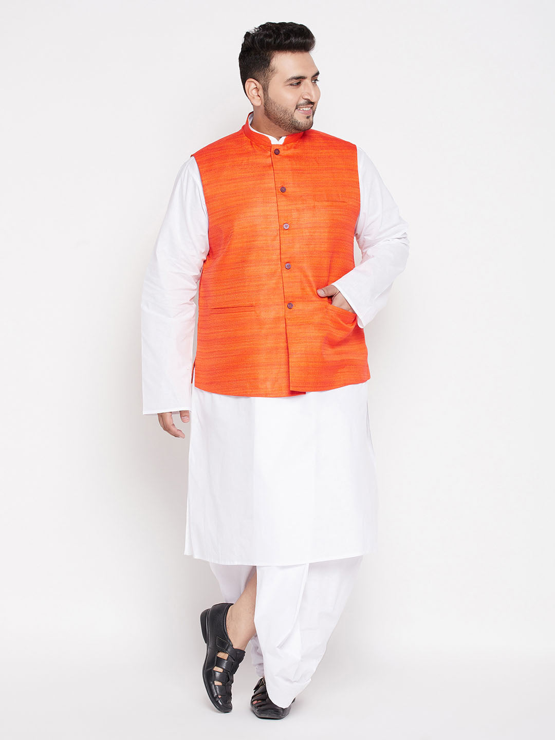 Men's Plus Orange And White Cotton Blend Jacket, Kurta And Dhoti Set - Vastramay