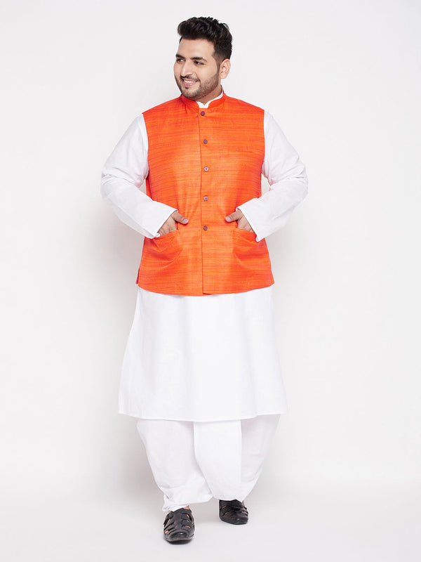 Jashvi Men's Plus Size Orange Cotton Blend Jacket With White Kurta And Dhoti Set