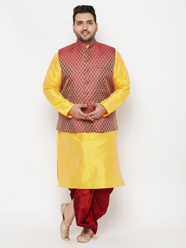 Jashvi PLUS Men's Maroon Nehru Jacket With Yellow Kurta And Maroon Dhoti Set