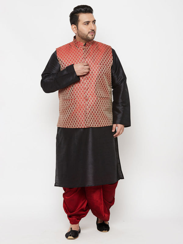 Jashvi PLUS Men's Maroon Nehru Jacket With Black Kurta And Maroon Dhoti Set