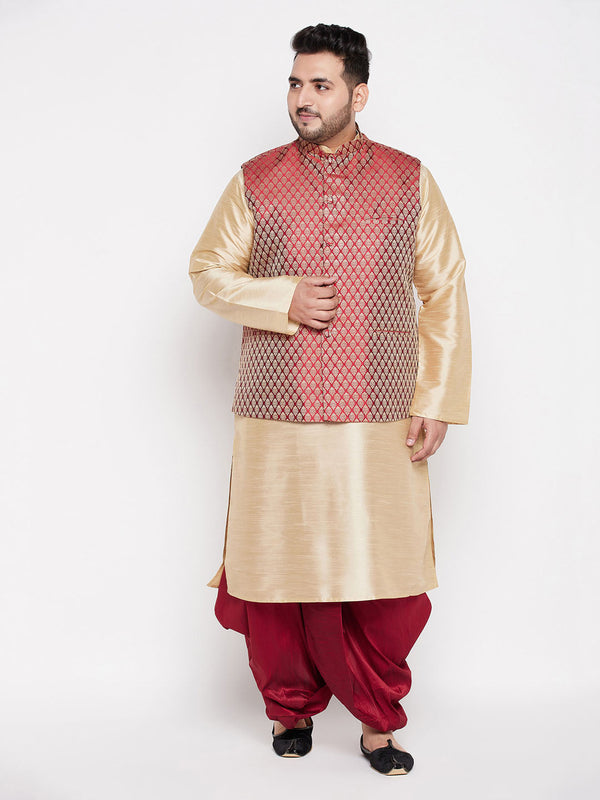 Jashvi PLUS Men's Maroon Nehru Jacket With Gold Kurta And Maroon Dhoti Set