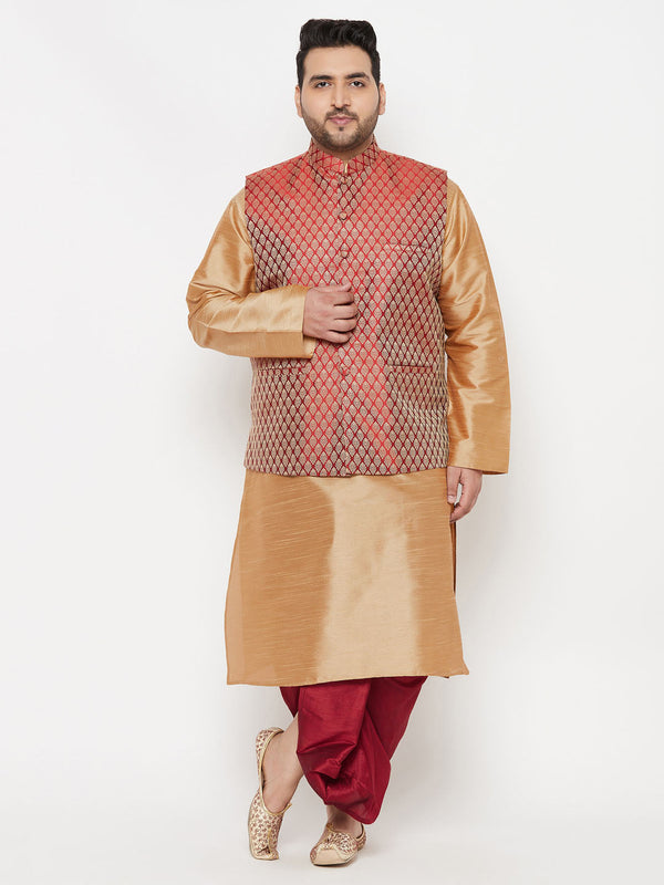 Jashvi PLUS Men's Maroon Nehru Jacket With Rose Gold Kurta And Maroon Dhoti Set