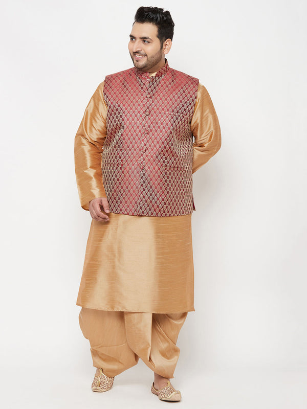 Jashvi PLUS Men's Maroon Nehru Jacket With Rose Gold Kurta And Dhoti Set