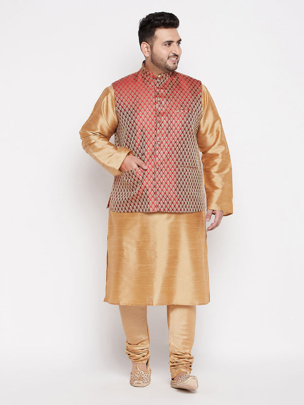 Jashvi PLUS Men's Maroon Nehru Jacket With Rose Gold Kurta And Pyjama Set