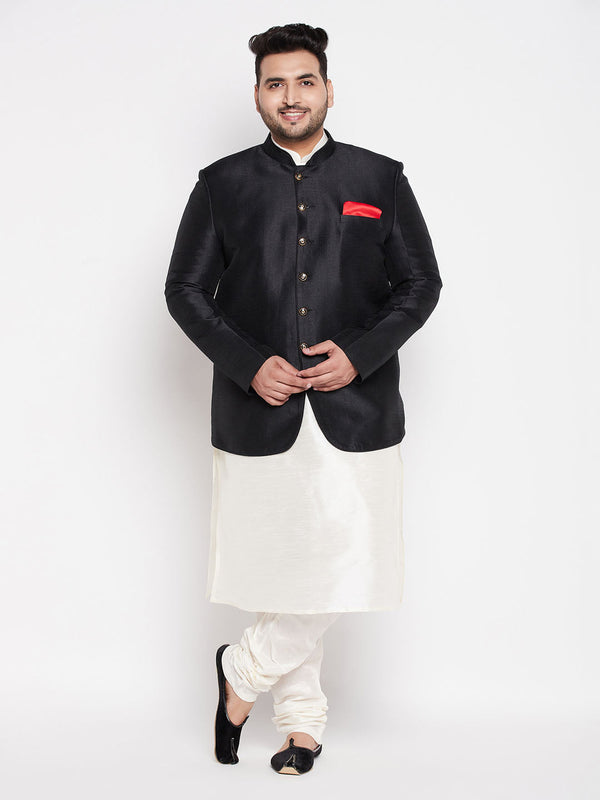 Jashvi Plus Size Men's Black Silk Blend Jodhpuri With Cream Kurta Pyjama Set