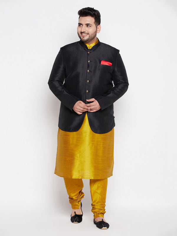 Jashvi Plus Size Men's Black Silk Blend Jodhpuri With Mustard Kurta Pyjama Set