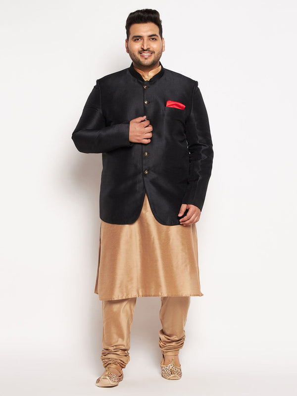 Jashvi Plus Size Men's Black Silk Blend Jodhpuri With Viscose Rose Gold Kurta Pyjama Set