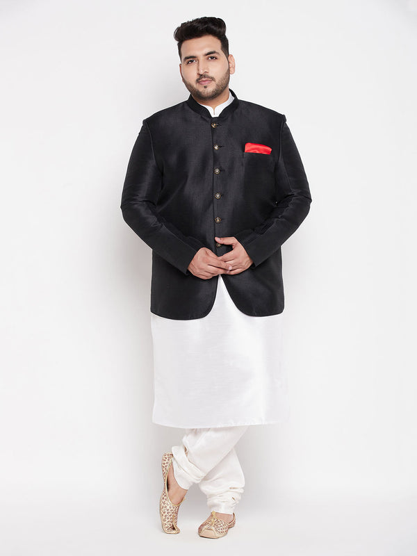 Jashvi Plus Size Men's Black Silk Blend Jodhpuri With Cotton Blend White Kurta Pyjama Set