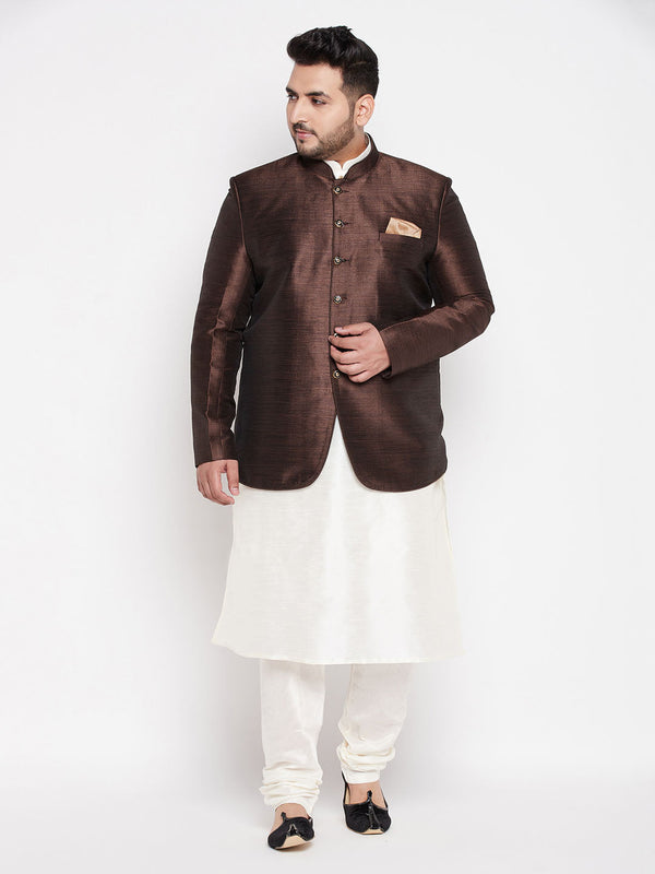 Jashvi Men' Plus Size Coffee Silk Blend Jodhpuri With Cream Kurta Pyjama Set