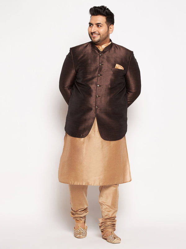 Jashvi Plus Size Men's Coffee Silk Blend Jodhpuri With Viscose Rose Gold Kurta Pyjama Set