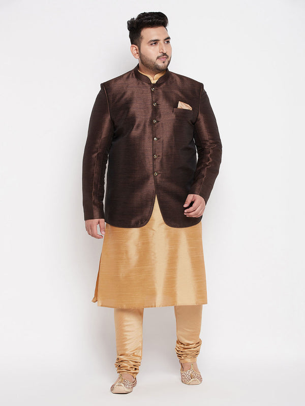 Jashvi Plus Size Men's Coffee Silk Blend Jodhpuri With Silk Blend Rose Gold Kurta Pyjama Set