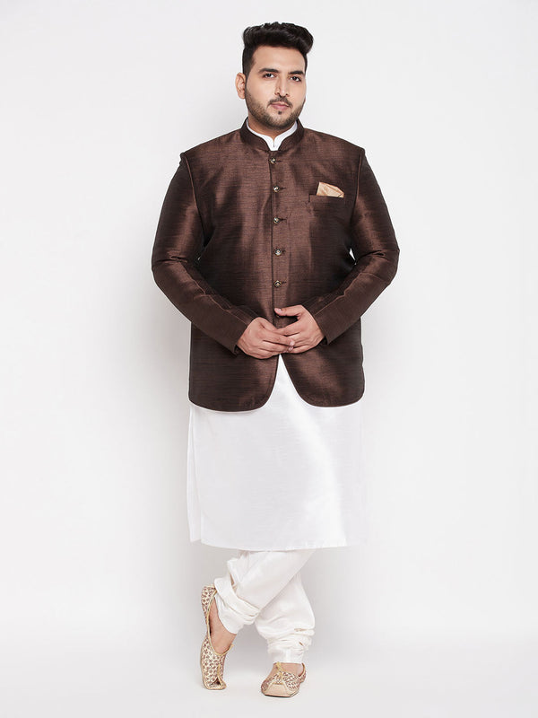 Jashvi Plus Size Men's Coffee Silk Blend Jodhpuri With White Kurta And Pyjama Set