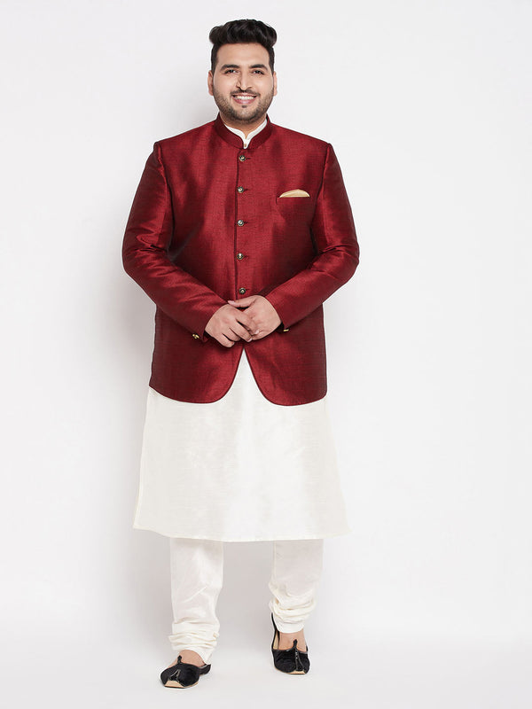 Jashvi Men's Maroon Silk Blend Solid Jodhpuri With Cream Kurta Pyjama Set