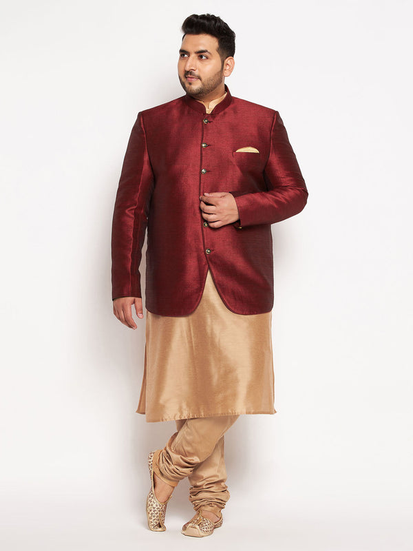 Jashvi Men's Maroon Silk Blend Jodhpuri With Rose Gold Viscose Kurta Pyjama Set