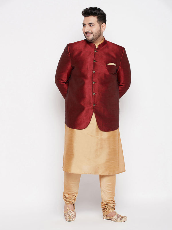 Jashvi Men's Maroon Silk Blend Jodhpuri With Rose Gold Silk Blend Kurta Pyjama Set