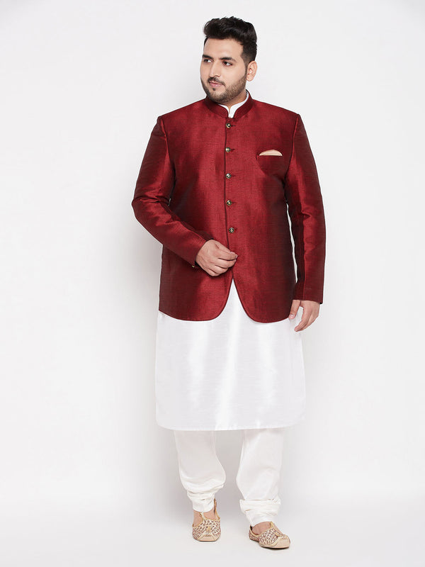 Jashvi Men's Maroon Silk Blend Jodhpuri With White Cotton Blend Kurta Pyjama Set