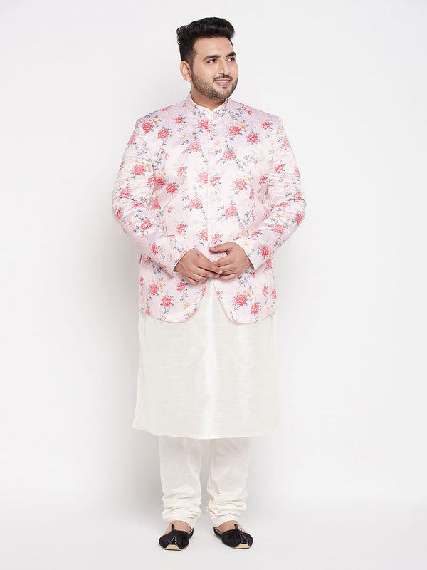 Jashvi Men's Peach Silk Blend Jodhpuri With Cream Kurta Pyjama Set