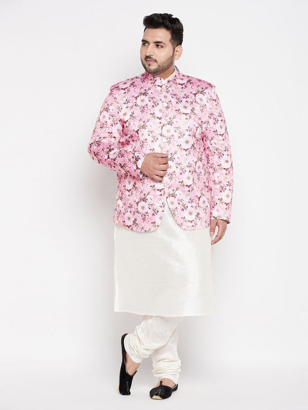 Jashvi Men's Pink Silk Blend Jodhpuri With Cream Kurta Pyjama Set