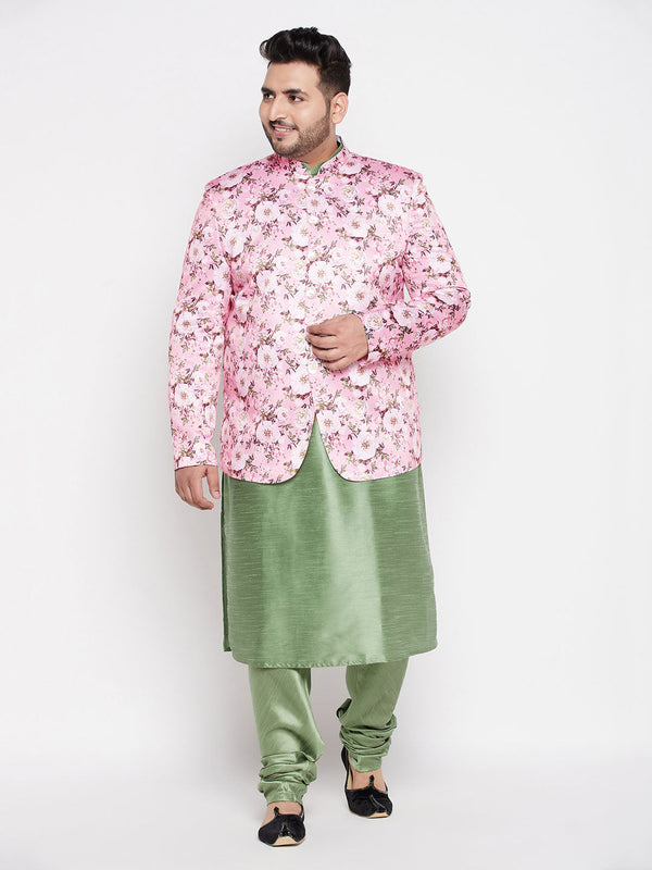 Jashvi Men's Pink Silk Blend Jodhpuri With Mint Green Kurta Pyjama Set