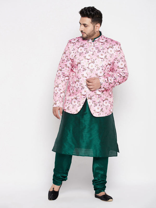 Jashvi Men's Pink Silk Blend Jodhpuri With Dark Green Silk Blend Kurta Pyjama Set