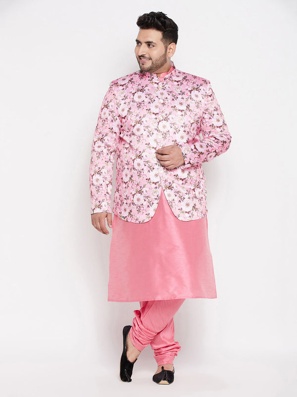 Jashvi Men's Pink Silk Blend Jodhpuri With Pink Kurta Pyjama Set