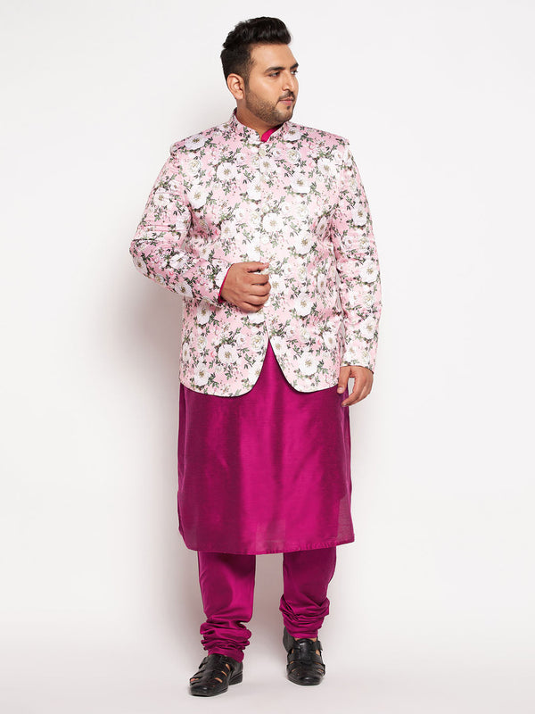 Jashvi Men's Pink Silk Blend Jodhpuri With Fuchsia Kurta Pyjama Set