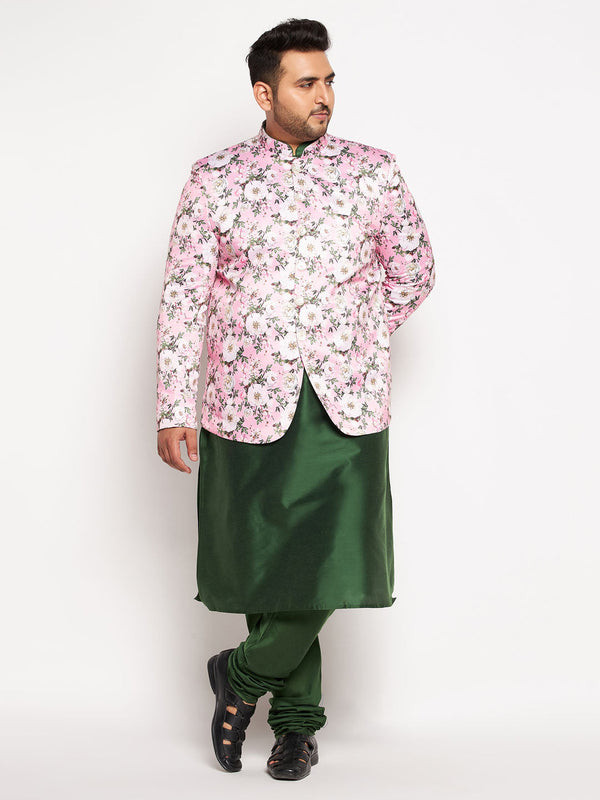 Jashvi Men's Pink Silk Blend Jodhpuri With Dark Green Kurta Pyjama Set