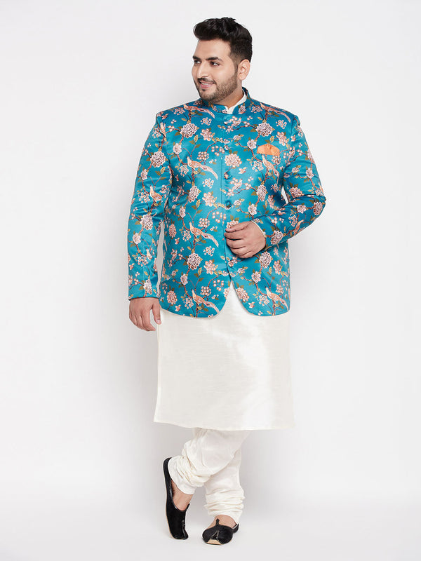 Jashvi Men's Turquoise Blue Silk Blend Jodhpuri With Cream Kurta Pyjama Set