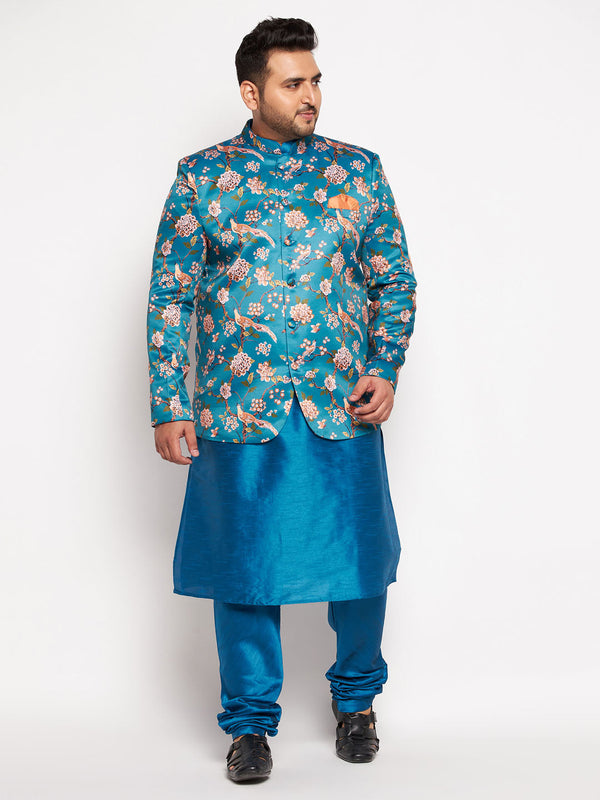 Jashvi Men's Turquoise Blue Silk Blend Jodhpuri With Turquoise Blue Kurta Pyjama Set