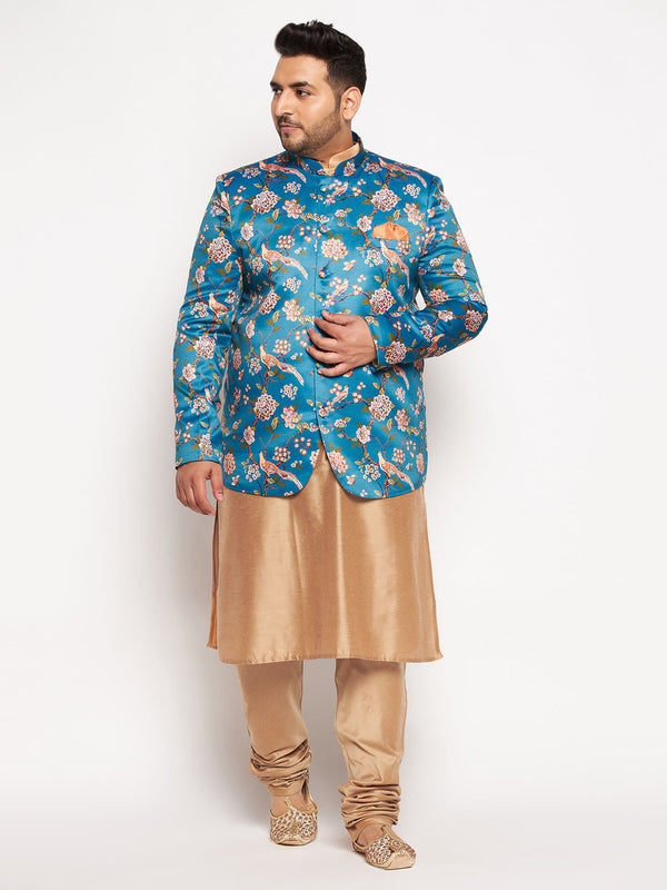 Jashvi Men's Turquoise Blue Silk Blend Jodhpuri With Viscose Rose Gold Kurta Pyjama Set