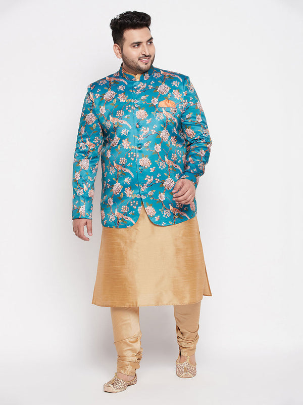 Jashvi Men's Turquoise Blue Silk Blend Jodhpuri With Rose Gold Kurta Pyjama Set