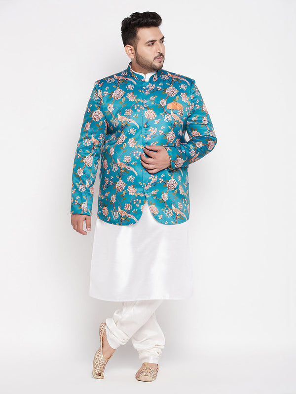 Jashvi Men's Turquoise Blue Silk Blend Jodhpuri With White Kurta Pyjama Set