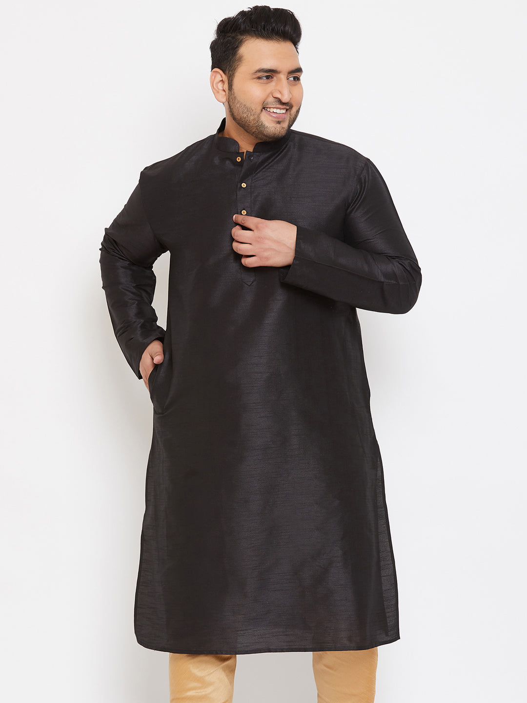 Men's Plus Black Silk Blend Kurta - Vastramay